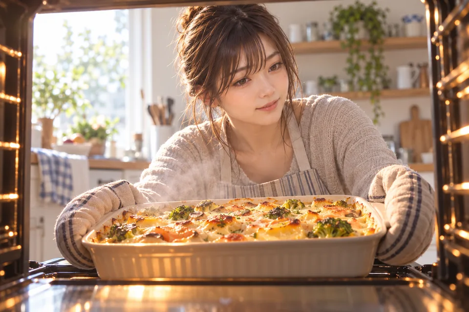 A Japanese woman in casual home clothes removes a steaming meal from her kitchen oven.