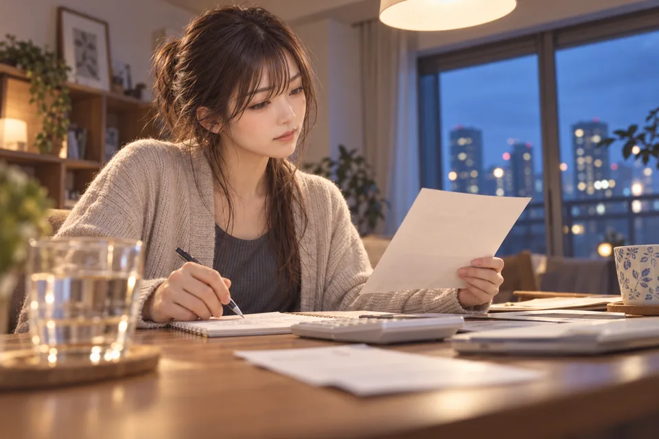 A Japanese woman compares notes and household papers while planning expenses at home.
