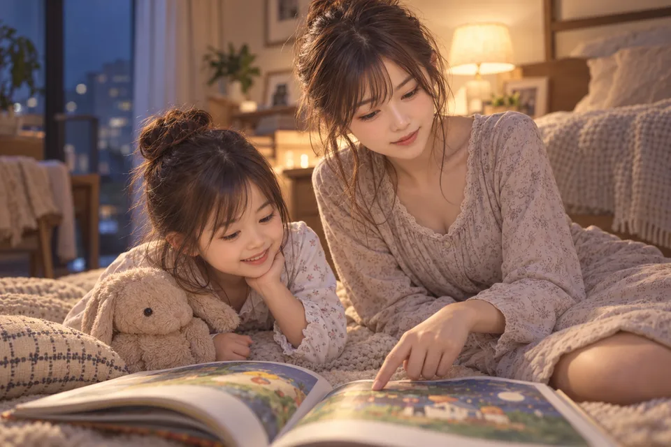 A Japanese mother reads a picture book with her child in a softly lit room.