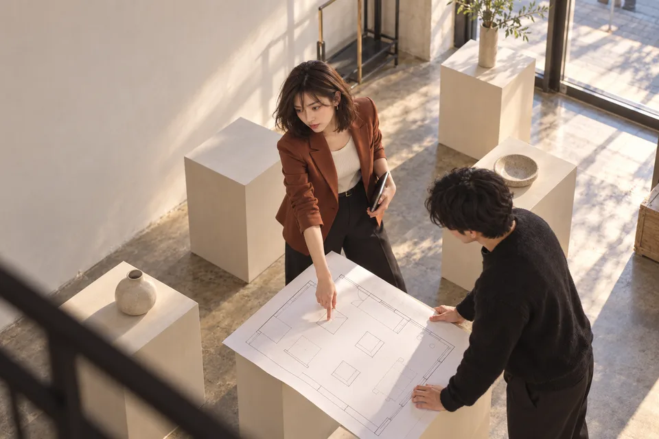 A Japanese woman points to a floor plan while arranging display plinths in an empty pop-up shop.