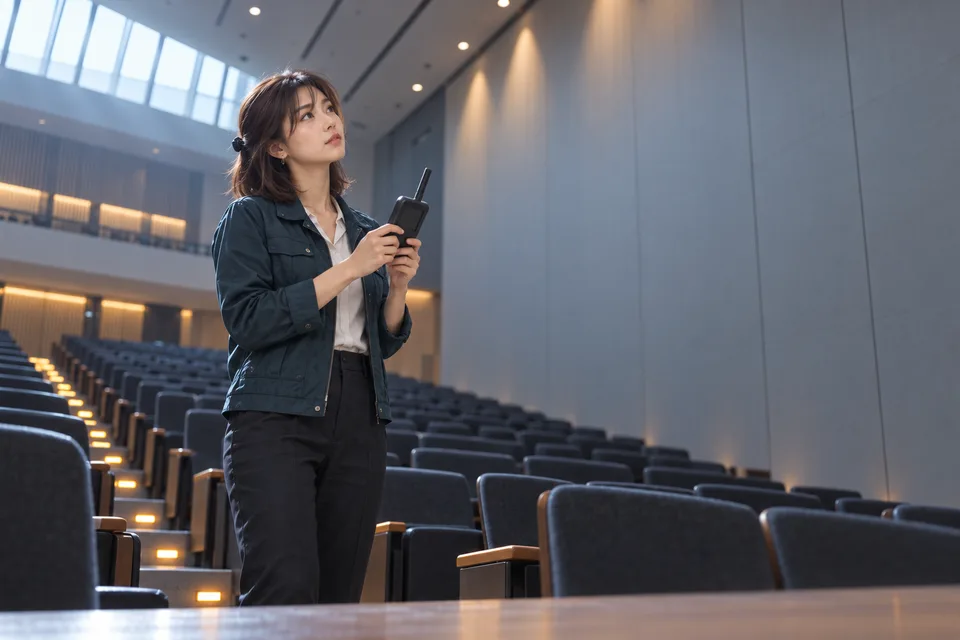 A Japanese woman surveys wireless coverage inside an empty auditorium.