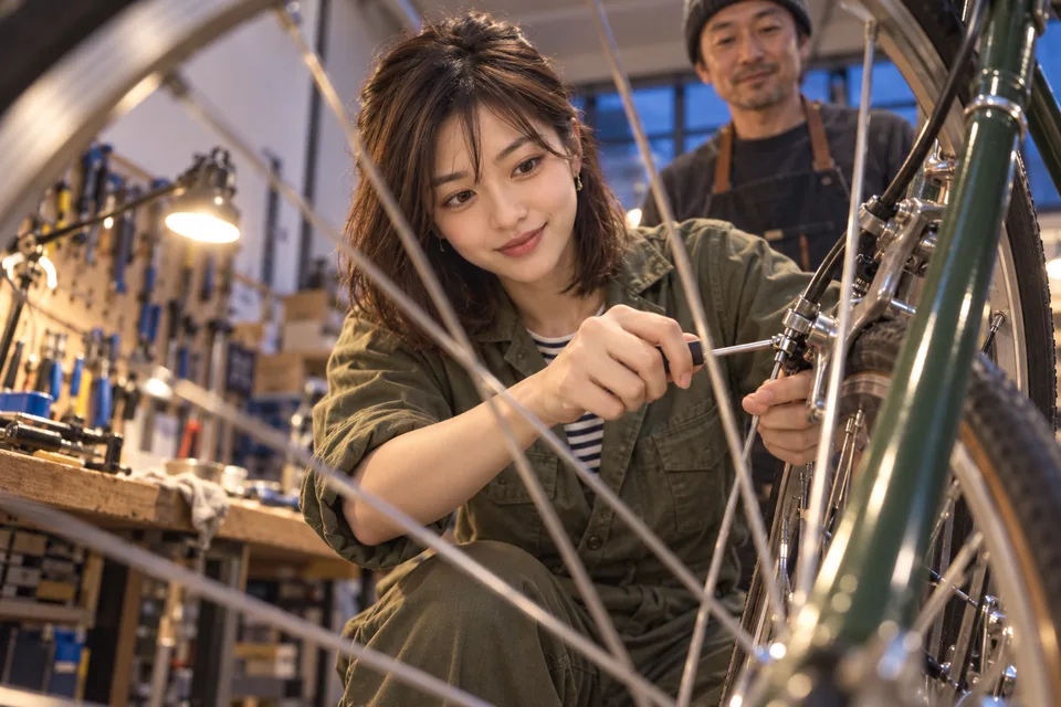 A Japanese woman adjusts a bicycle brake during an evening repair class.