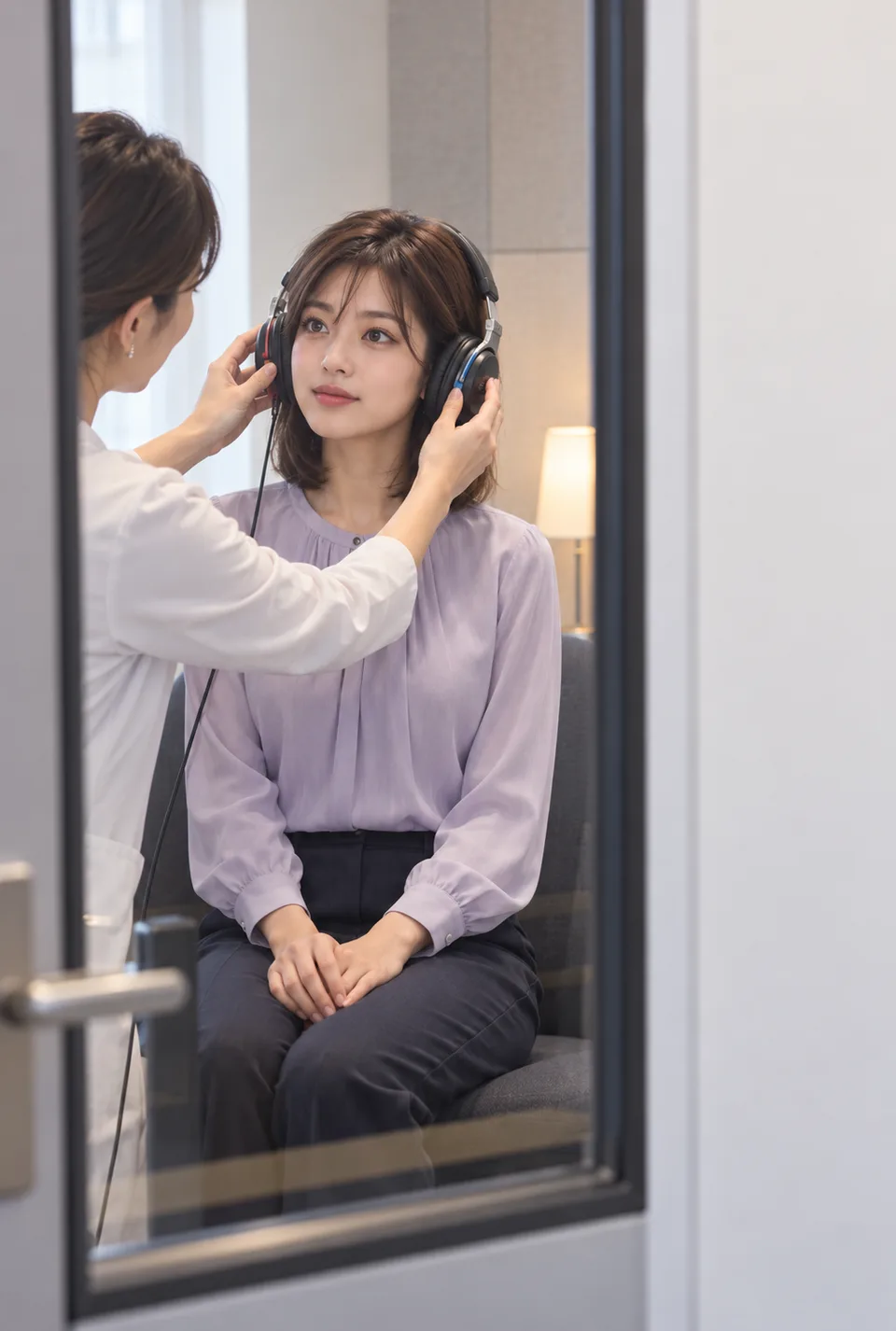A Japanese woman has headphones fitted for a routine hearing screening.