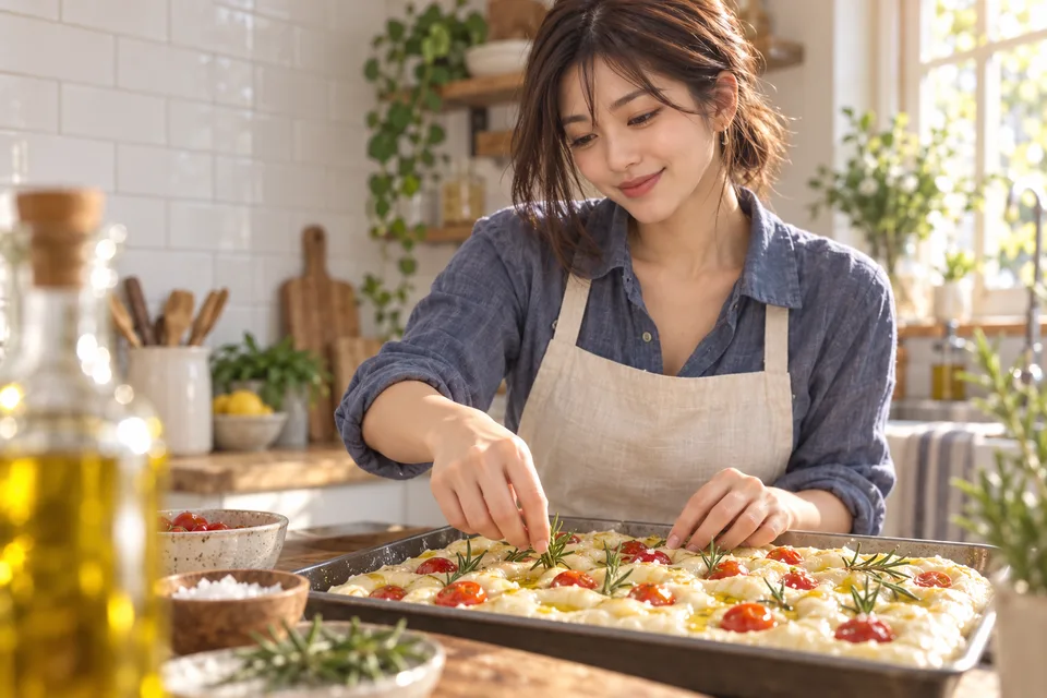 A Japanese woman presses rosemary and tomatoes into focaccia dough in a sunlit kitchen.