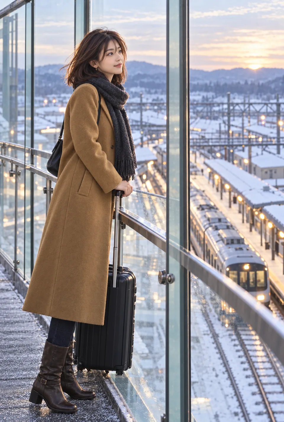 A Japanese woman with a suitcase watches a train arrive below a snowy station footbridge.
