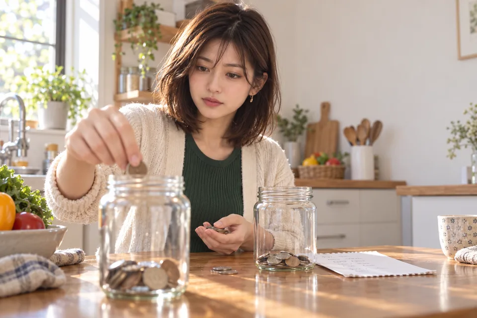 A Japanese woman divides coins between two jars while planning household spending.