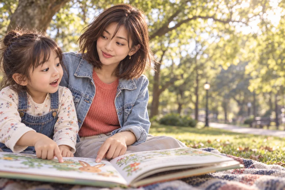 A Japanese mother reads a picture book with her child under trees in a park.