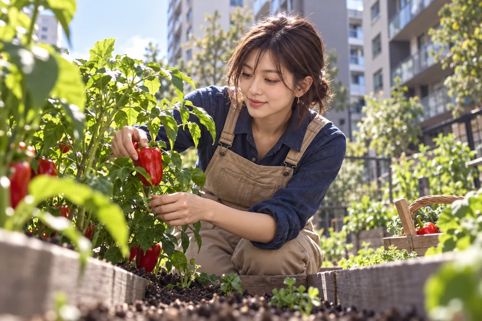 A Japanese woman harvests red peppers in a community garden between apartment buildings.