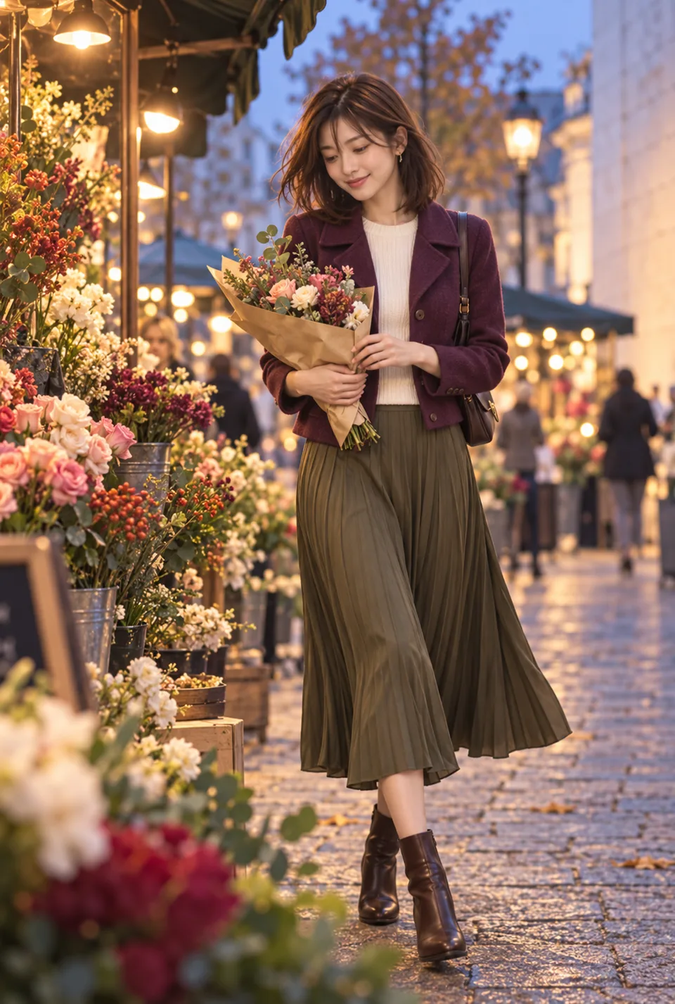 A Japanese woman in a plum jacket and olive skirt walks through a flower market at dusk.