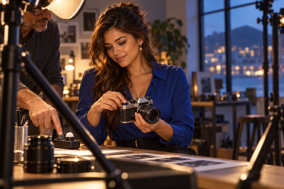 A Latina woman learns camera controls at an evening photography class.