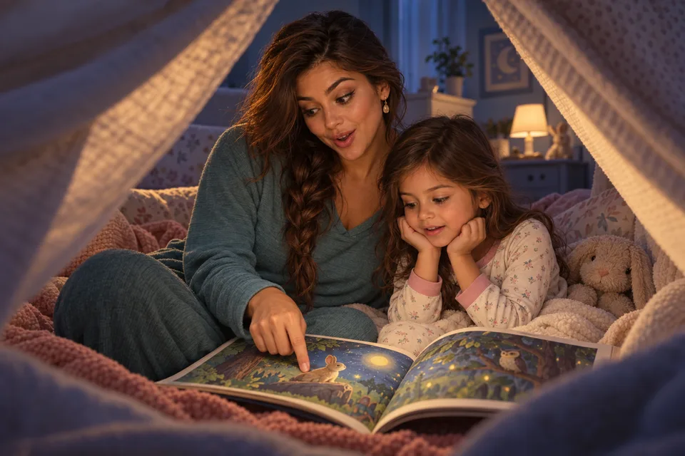A Latina mother reads a picture book with her child beneath a blanket.