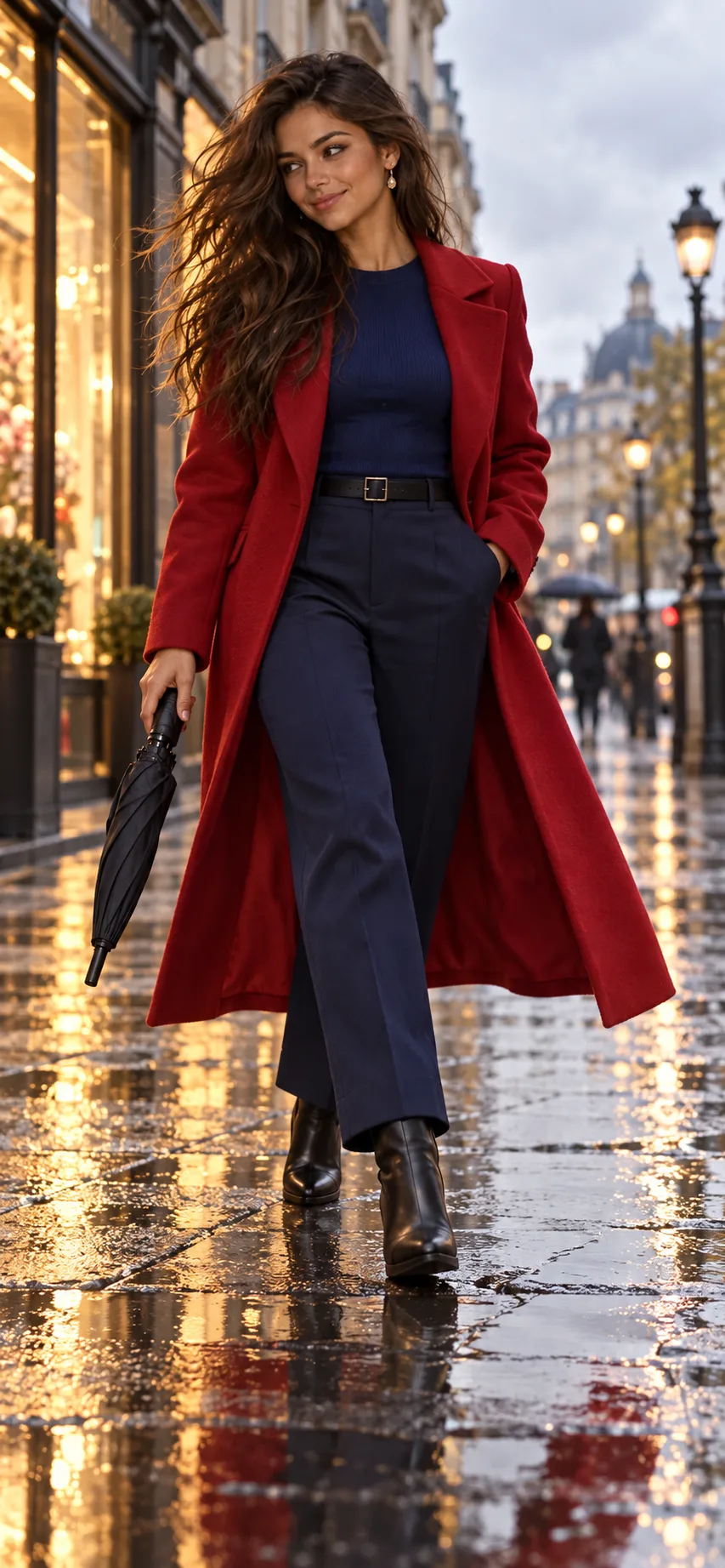 A Latina woman walks along a rain-wet city street in a fashionable outfit.