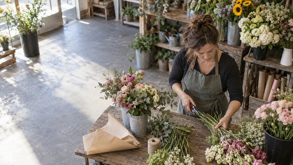 A florist arranges fresh stems across a worktable in the early morning light.