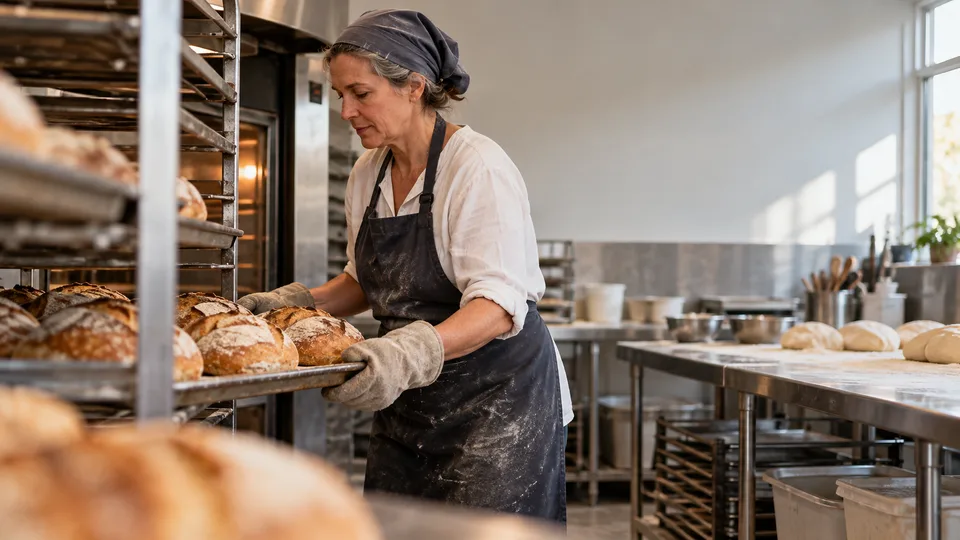 A baker handles a tray in an independent bakery kitchen seen from rack height.