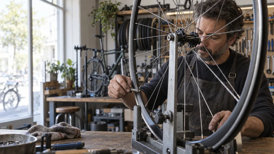 A bicycle mechanic works at a truing stand, viewed through the spokes of another wheel.