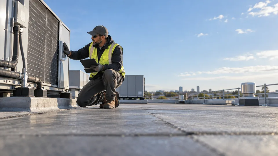An HVAC technician inspects a rooftop unit against an open city sky.
