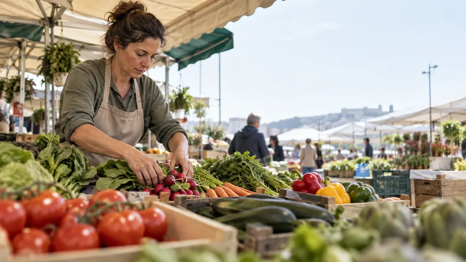 A produce vendor works among vegetable crates at an urban market stall.