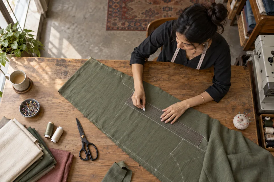 A young tailor marks fabric on a cutting table in a neighborhood alterations studio.