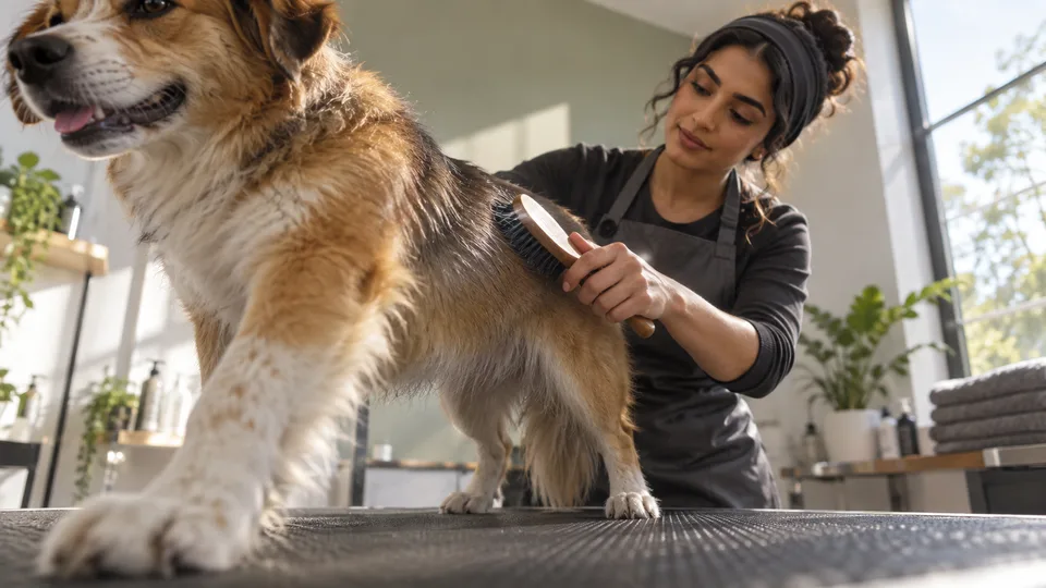 A dog groomer brushes a calm dog at a stable table in a bright grooming studio.