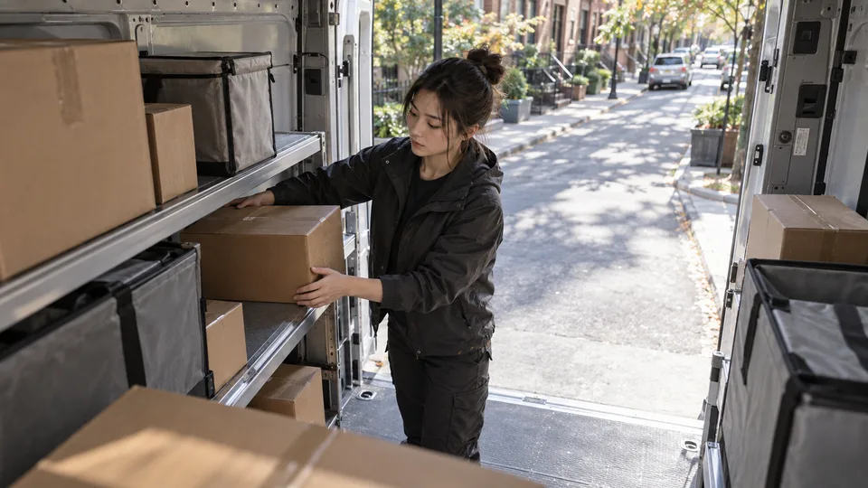 A young courier organizes parcels inside a delivery van before the next stop.