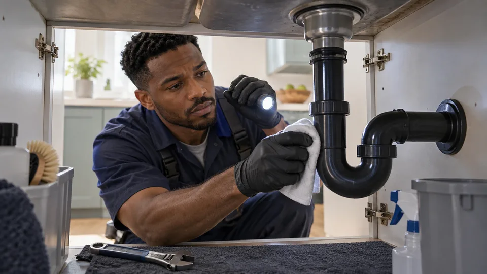 A young plumber checks the plumbing beneath a residential sink from inside the open cabinet.
