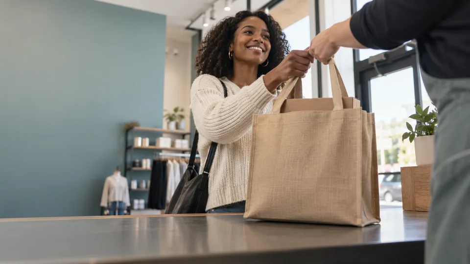 A customer receives a plain paper shopping bag across a store pickup counter.