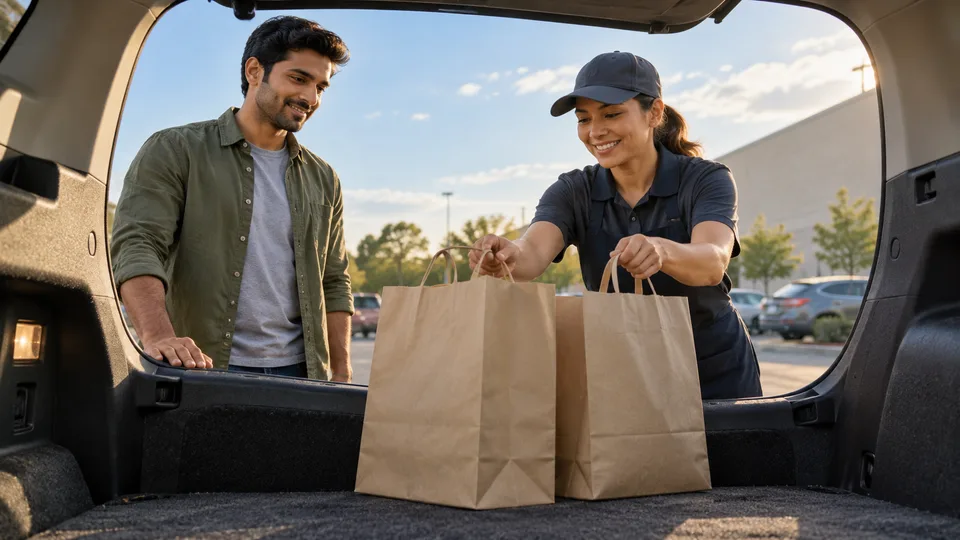 A store worker places a plain order bag in an open car trunk during curbside pickup.