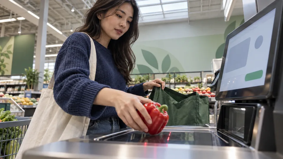 A shopper weighs fresh produce at a self-checkout station in a bright grocery store.