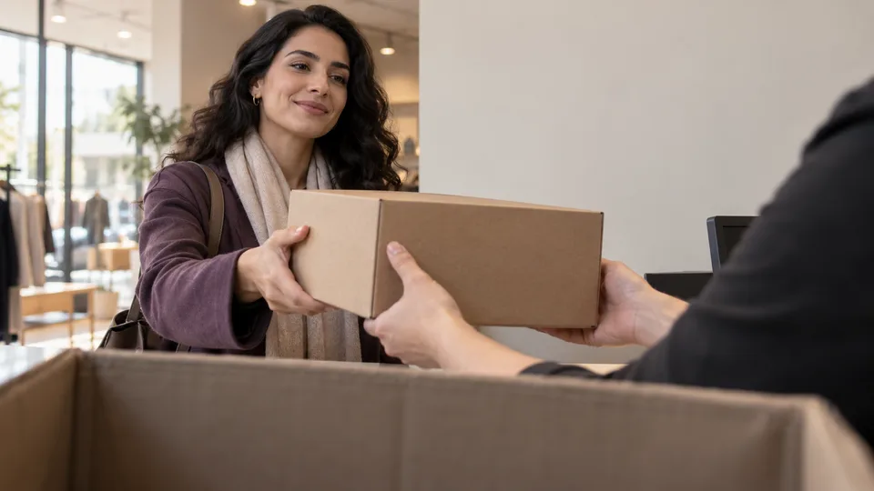 A customer hands a plain boxed purchase to a store worker at a service counter.