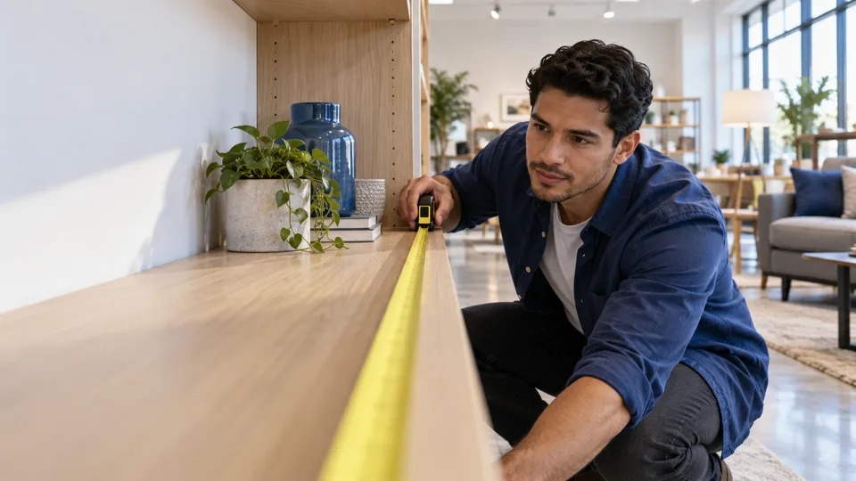 A shopper measures a display sofa with a tape measure before deciding on a purchase.