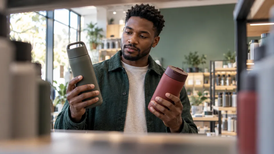 A shopper compares two unbranded items while standing between store shelves.