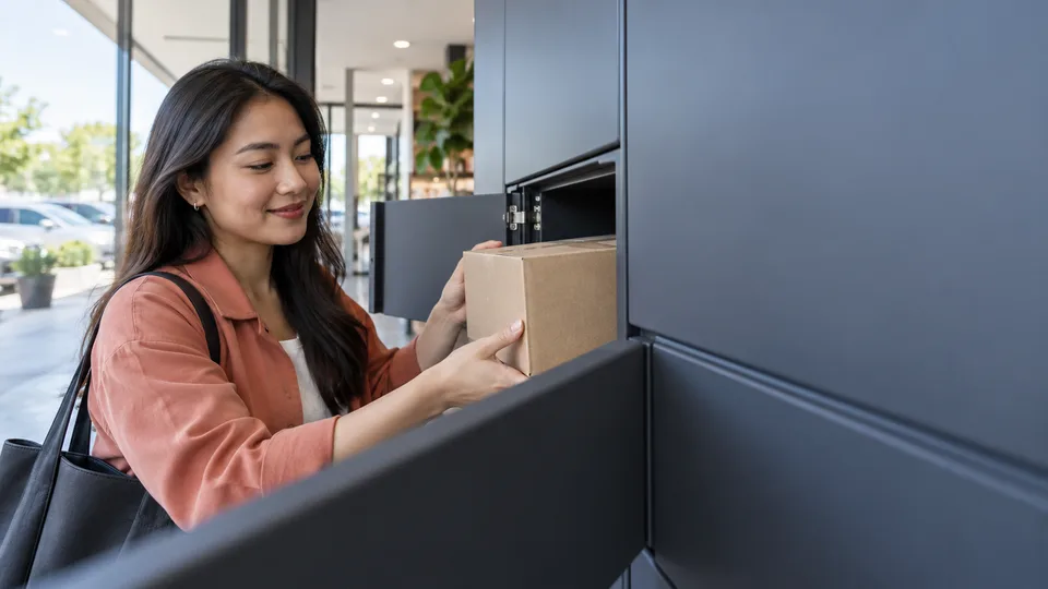 A customer opens a store pickup locker to collect an online purchase.