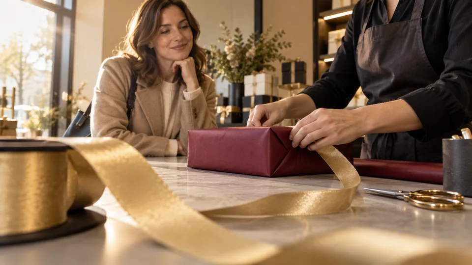 A store worker folds paper and ties ribbon around a small unbranded gift box.