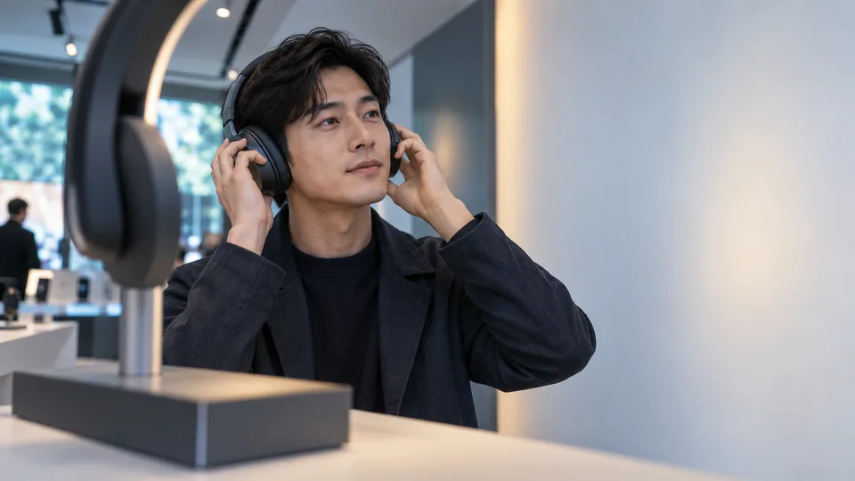 A shopper tests unbranded headphones at a retail display before purchase.