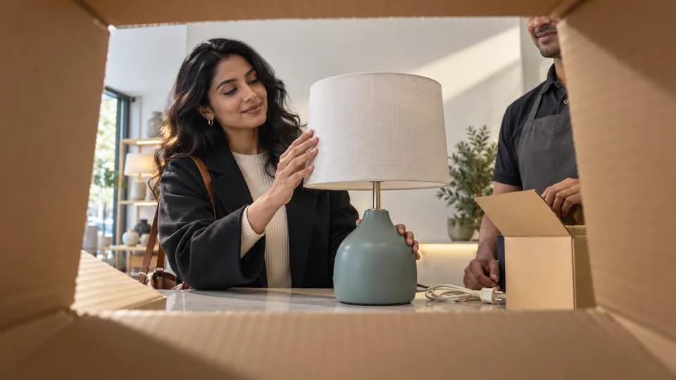 A shopper inspects a newly opened unbranded lamp at a service counter before leaving.