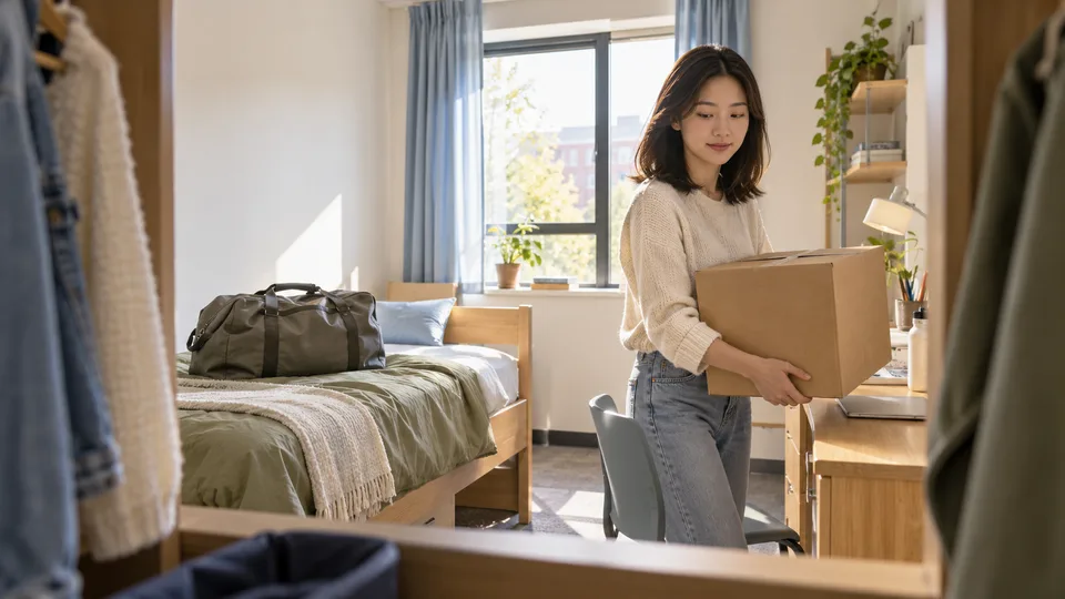 An adult student carries belongings into a dorm room while unpacked essentials fill the foreground.