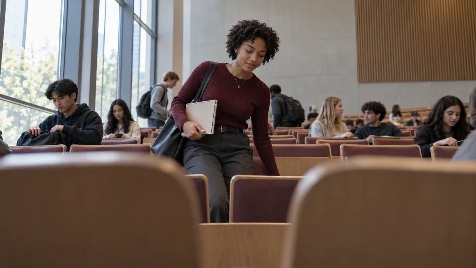 A stylish adult student enters a lecture hall through rows of empty seats.