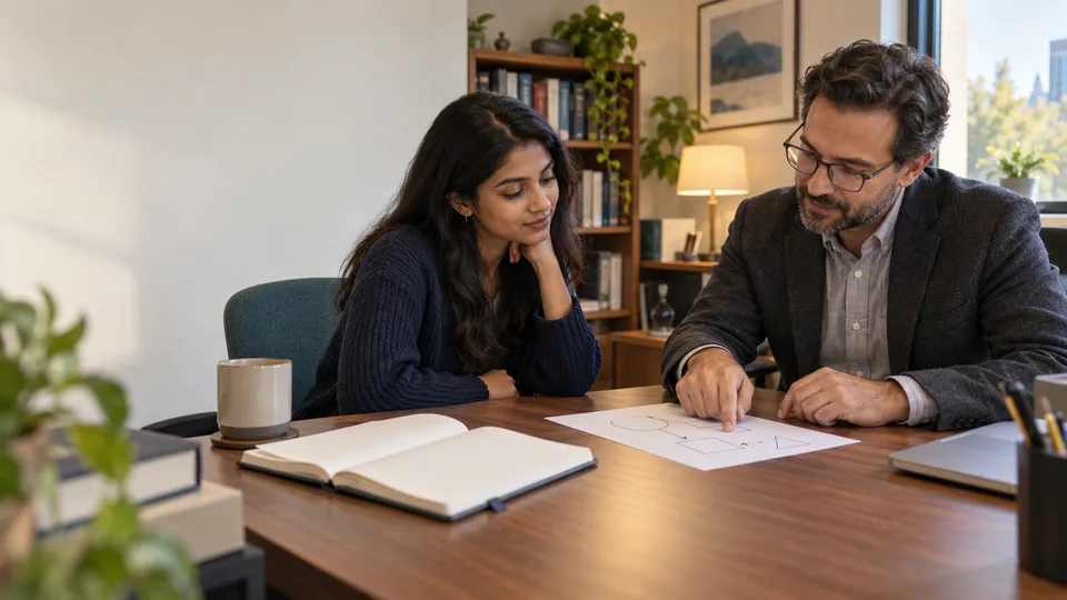 An adult student and professor discuss a simple diagram during office hours.