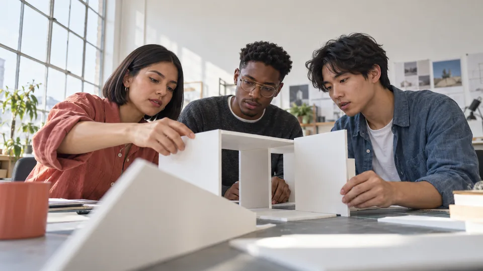 Three adult students align pieces of a small architectural model at a sunlit worktable.