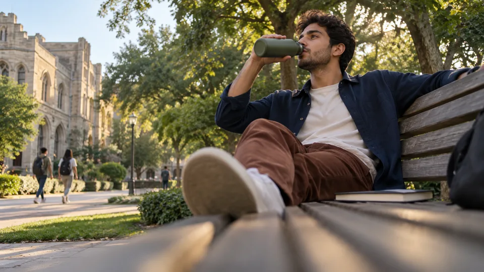 A student drinks from a reusable bottle on a campus bench between study sessions.