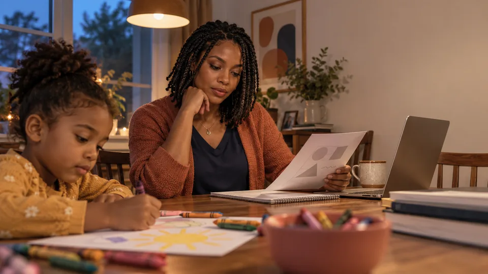 An adult student parent reviews a paper while a child colors nearby at the dining table.