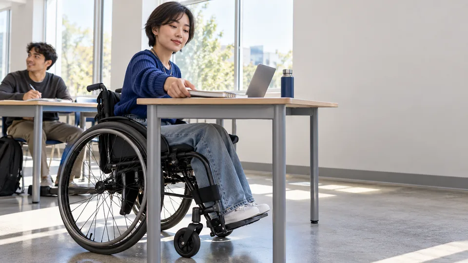 A wheelchair-using adult student reaches a notebook at an accessible classroom desk.