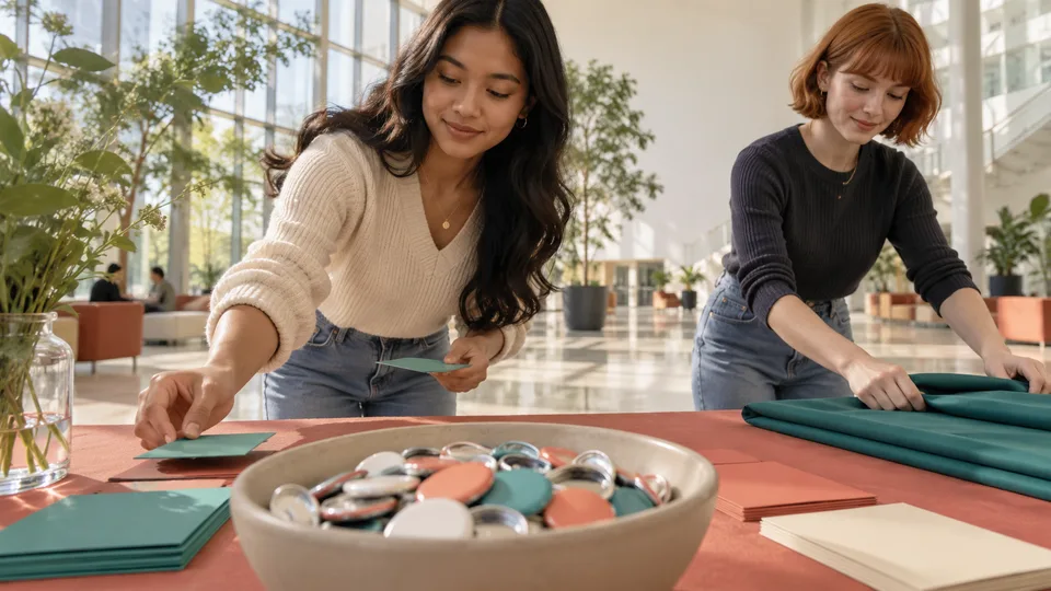 Two students arrange blank cards and materials for a campus club event.
