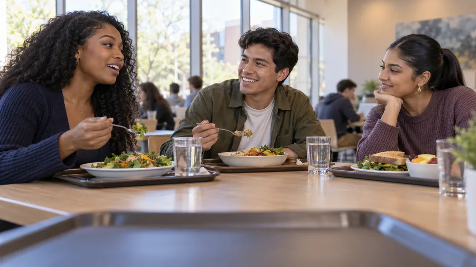 Three adult students share a conversation over lunch in a campus dining hall.