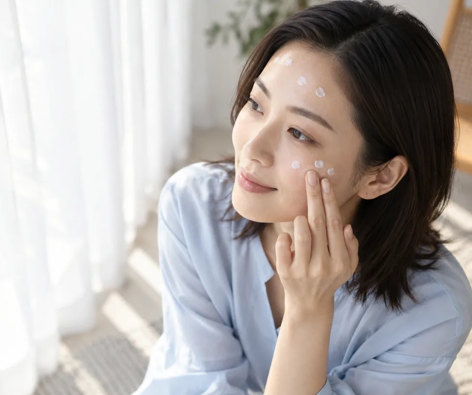 A woman applies small dots of sunscreen to her face in clear morning light.