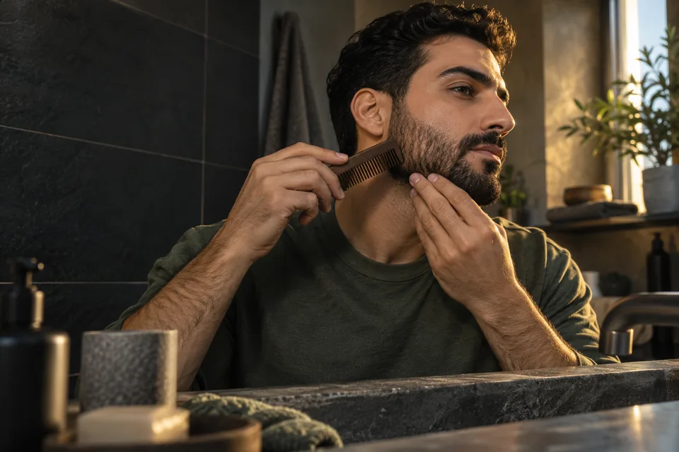 A man combs the edge of his short beard while checking the shape along his jaw.