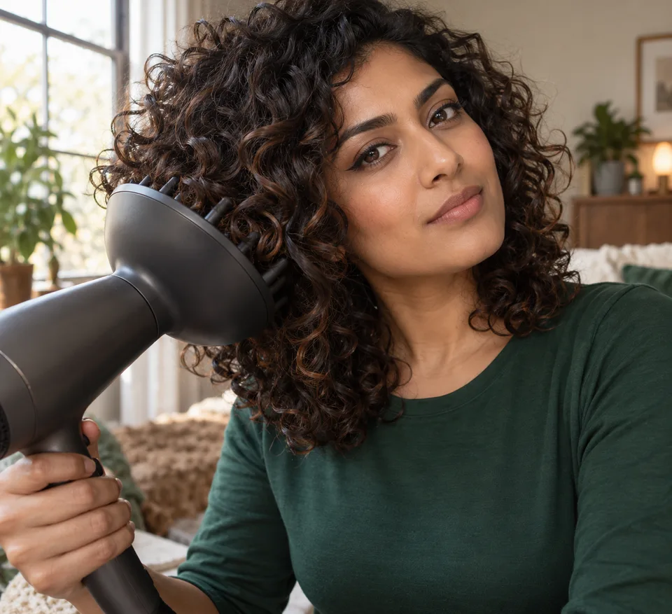 A woman lifts her curls into a hair-dryer diffuser while styling at home.
