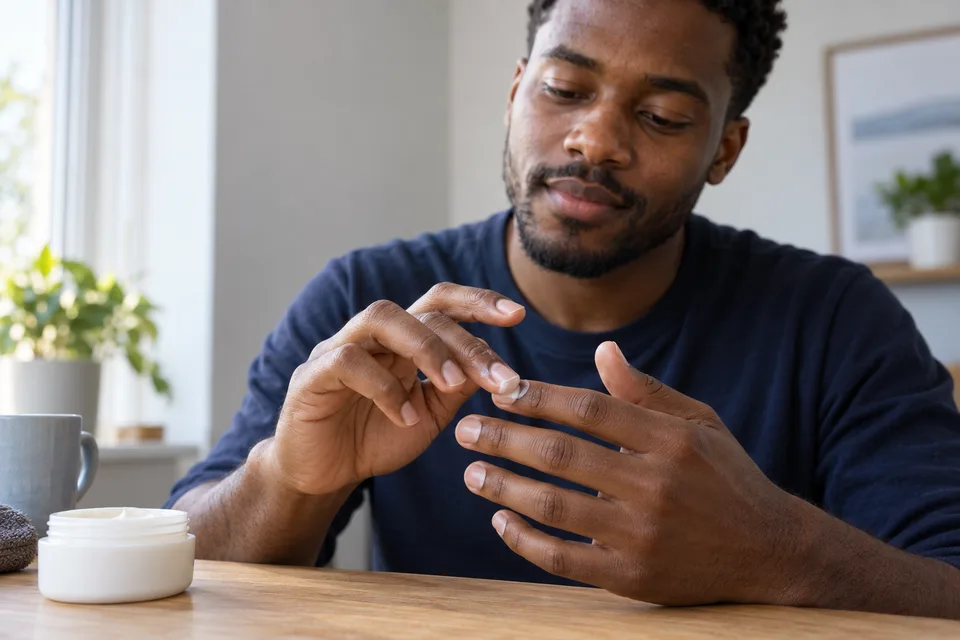 A man rubs a small amount of moisturizer into his fingertips and nails at a table.