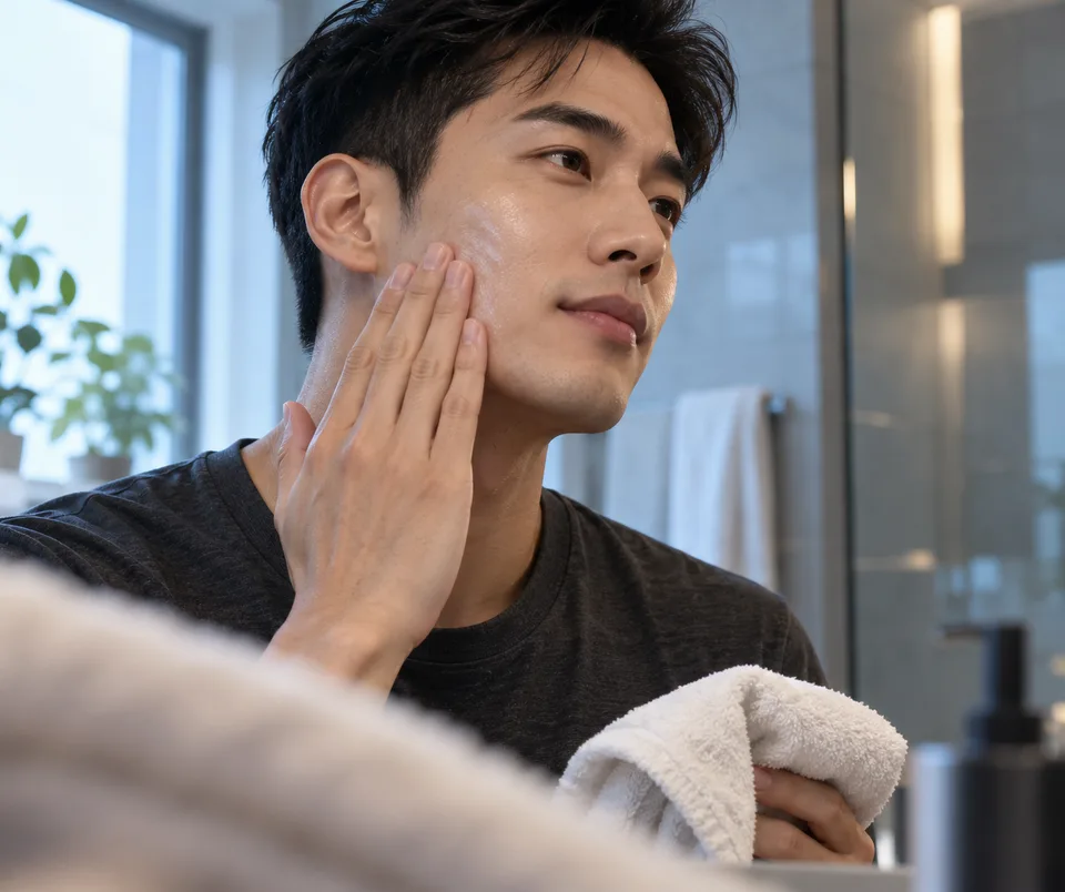 A man pats moisturizer onto his cheek while holding a folded white towel.