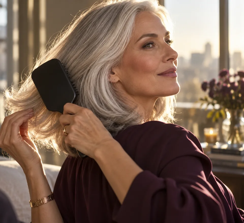 A stylish middle-aged woman brushes her silver hair in warm window backlight.